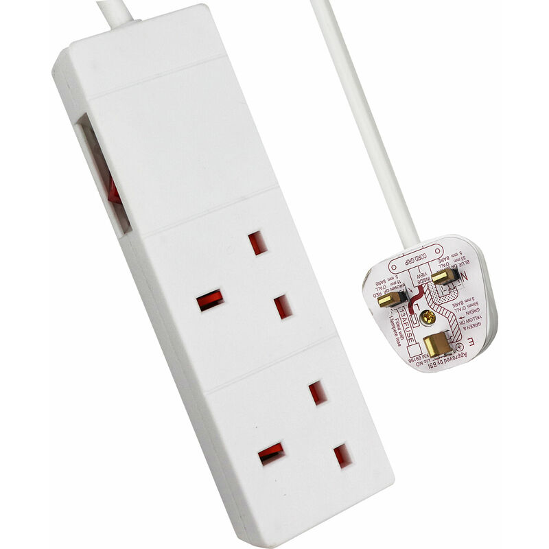 2 Way Extension Leads with Cable 2M, White, with Switch, Child-Resistant Sockets