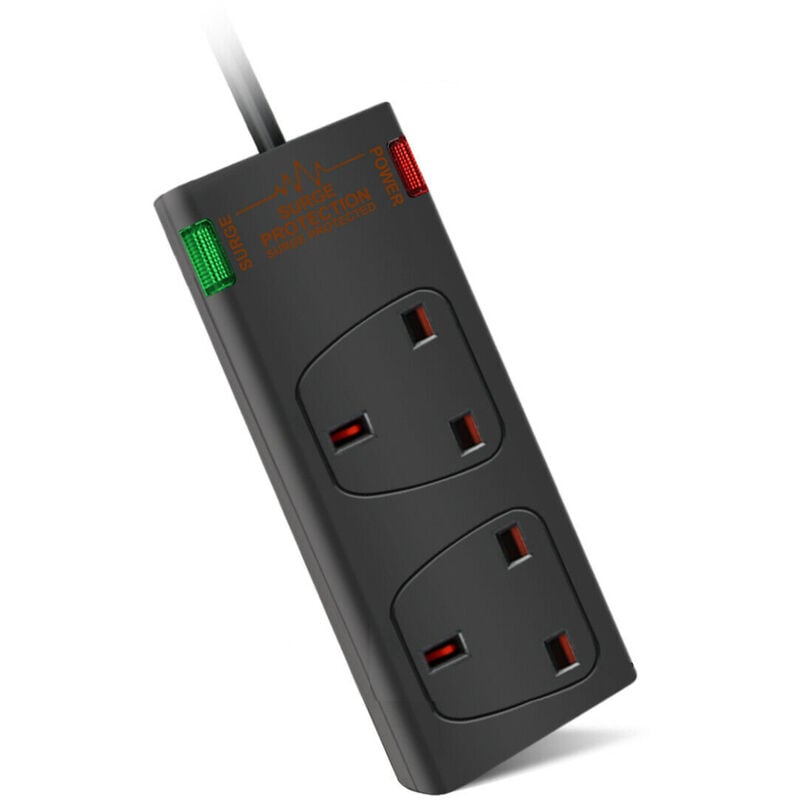 2 Way Socket with Cable 1M, Black, with Power Indicator, Child-Resistant Sockets, Surge Indicator