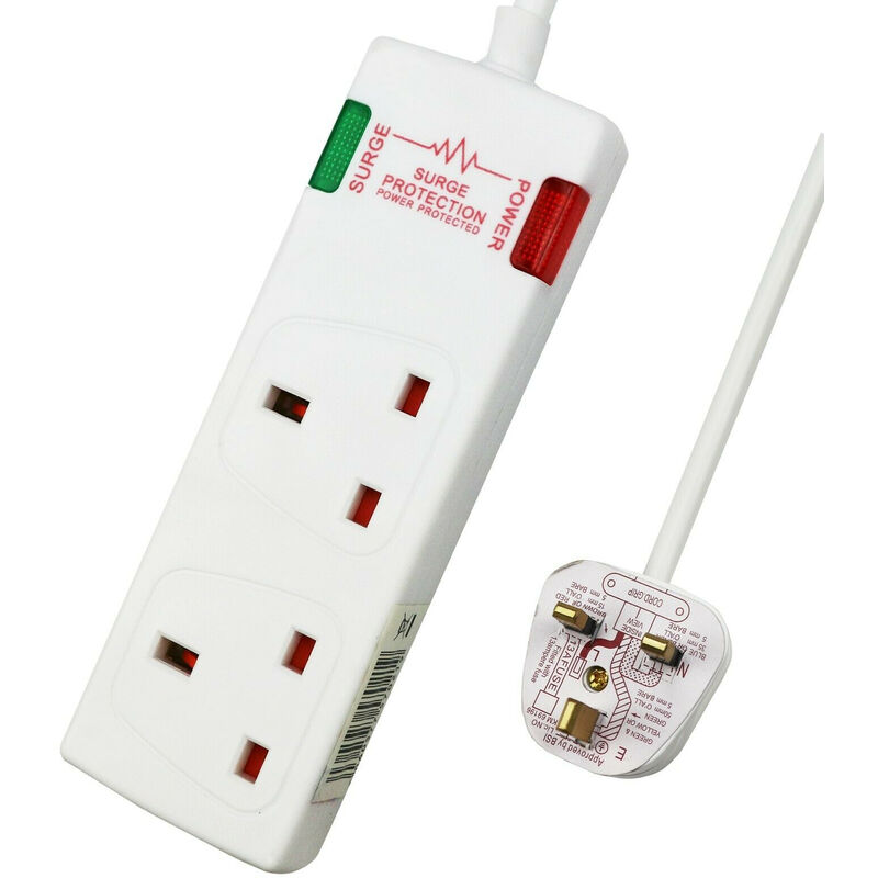 2 Way Socket with Cable 1M, White, with Power Indicator, Child-Resistant Sockets, Surge Indicator