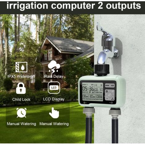 2-Wege-Automatik-Gartenbewässerungstimer, 2-Auslass-Bewässerungstimer, Bewässerungsprogrammierer für den Außenbereich mit Kindersicherung, automatischer und manueller Modus, Regenverzögerung