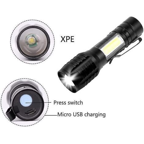 2 wiederaufladbare LED-Taschenlampen, leistungsstark und professionell, 3 Zoommodi, kleine COB-LED-Taschenlampe mit Magnetverschluss, IP5 wasserdicht für Camping