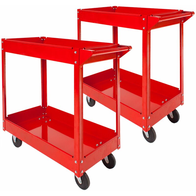 Tectake - 2 tool trolleys with 2 shelves - heavy duty trolley, warehouse trolley, metal trolley - red