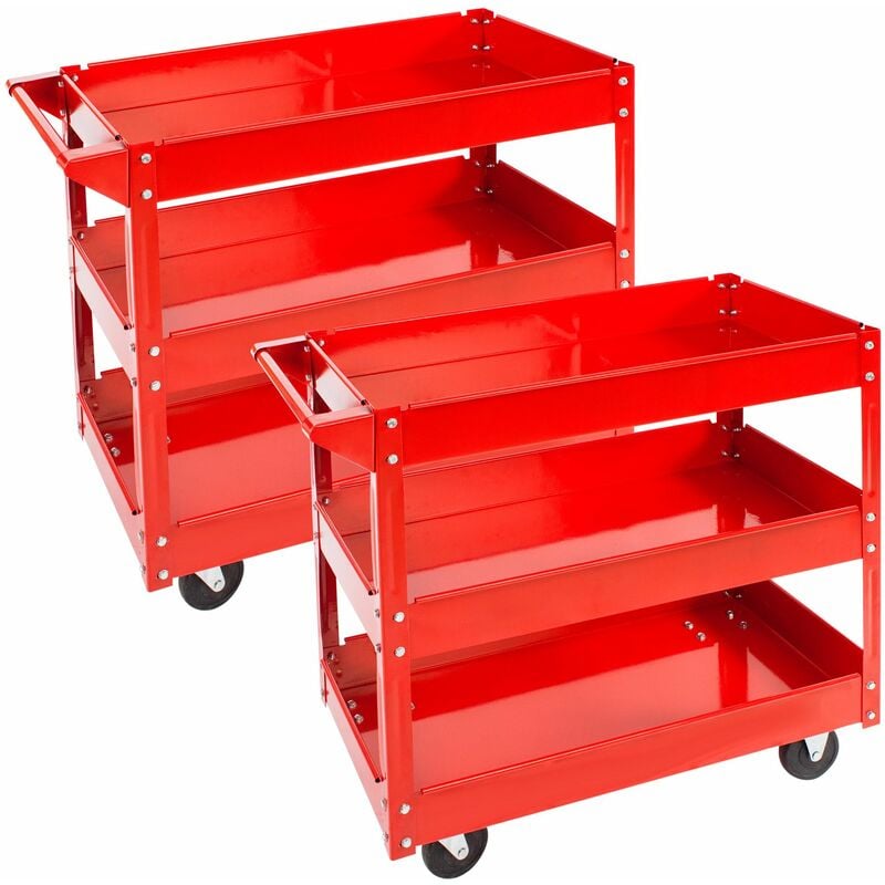 2 tool trolleys with 3 shelves - heavy duty trolley, warehouse trolley, metal trolley - red