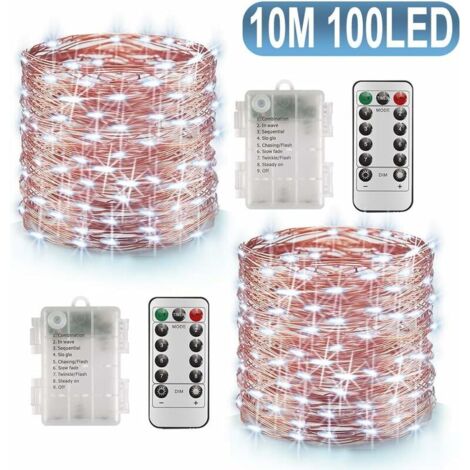 2 x 10m Guirlande Lumineuse LED avec 100 LEDs Fonction Minuterie de Batterie avec Télécommande IP65 Étanche Décoration Intérieure et Extérieure pour Noël Mariage Maison Jardin - Blanc Froid - RW