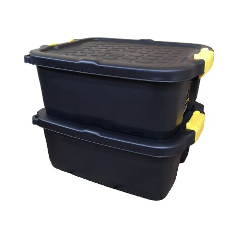 2 x 24L Heavy Duty Storage Boxes, Sturdy, Lockable, Stackable and Nestable Design Storage Chests with Clips in Black