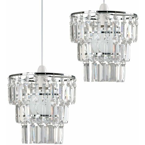 Modern Silver Glitter Cylinder Ceiling Pendant Light Shade with Clear Acrylic Jewel Droplets 3000K Warm White Complete with a 10w LED GLS Bulb 