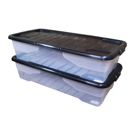 2 x 42L Clear Under Bed Storage Box with Black Lid, Stackable and Nestable Design Storage Solution