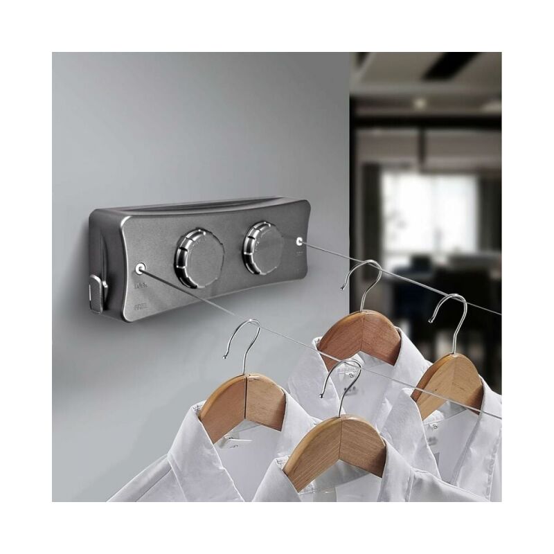 2 x 5M Corde à Linge Rétractable, Fil a Ligne Retractable Murale avec Ligne en Acier Inoxydable, Fil Linge Extensible Réglable pour Intérieur et