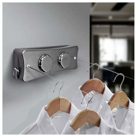 2 x 5M Corde à Linge Rétractable, Fil a Ligne Retractable Murale avec Ligne en Acier Inoxydable, Fil Linge Extensible Réglable pour Intérieur et Extérieur