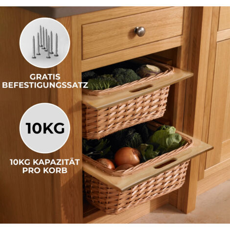 2 x Ausziehbare Schrankkörbe Weidenkörbe Küchenkörbe Rattan Unterschrank Buche 600mm