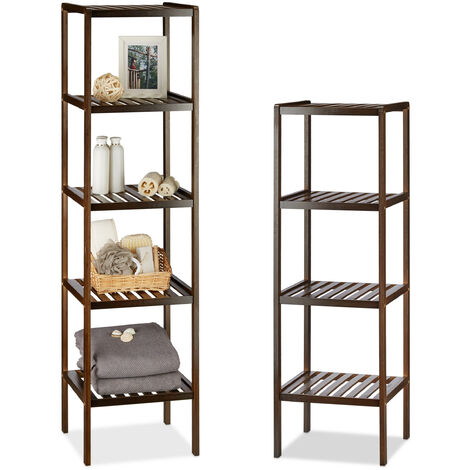 2 x bamboo storage shelves with 4 and 5 tiers, tall shelving unit, wooden rack for kitchen and hallway, dark brown