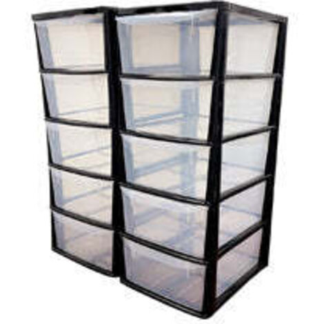 2 x Black 5 Plastic Storage Drawers Large Tall Tower Units for Home & Office