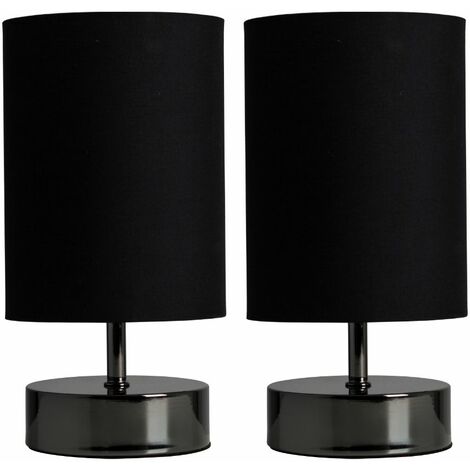 main image of "2 x Black Chrome Touch Dimmer Bedside Table Lamps + Black Light Shades"