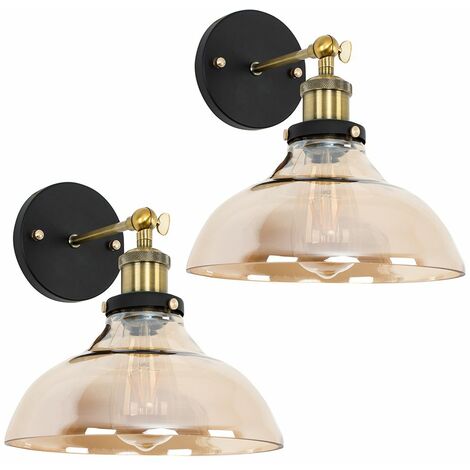 VALUELIGHTS 2 x Black / Gold Wall Light Fittings + Glass Wide Shade