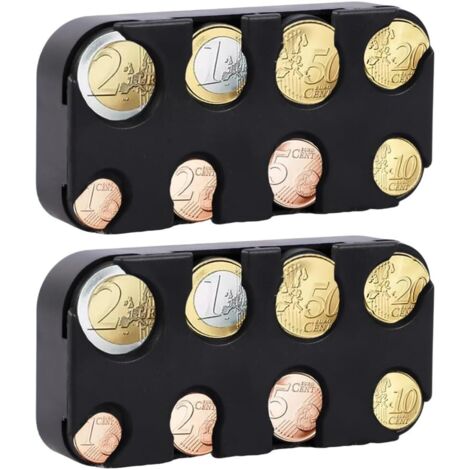 2 x Boîtes de rangement pour pièces de monnaie - Idéales comme distributeur ou porte-monnaie avec 8 compartiments de 2 euros à 1 centime, porte-monnaie pour voiture et taxi (noir)
