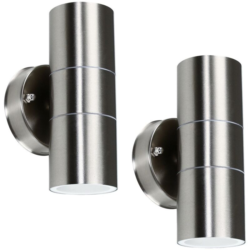 2 x Brushed Chrome Outdoor Garden Up/Down Security Wall Lights - No