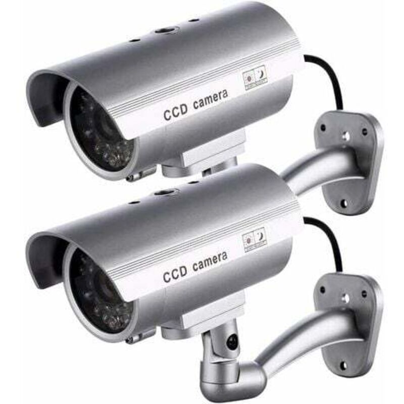 2 x Dummy Camera Dummy Outdoor Camera For Indoor or Outdoor Use With Flashing LED Bullet Shape(Silver)