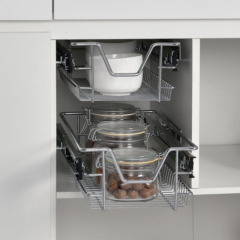 

2 x Cesto Extraíble para Armario de Cocina o Baño - 37 x 44 x 14 cm - Con Rieles Telescópicos - Cajón para Almacenar - Set de Bandejas de armario