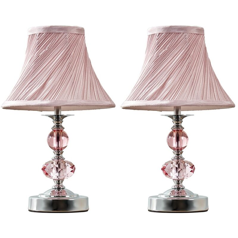 2 x Chrome And Pink Touch Table Lamps + Pleated Shade Add LED Bulbs A9909