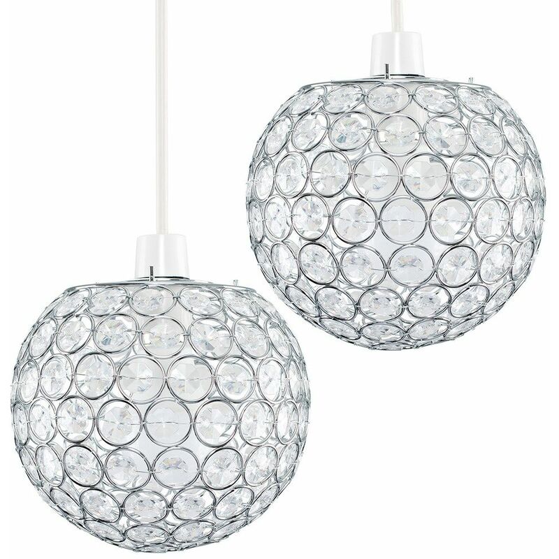 2 x Chrome Globe Ceiling Light Shades + Acrylic Crystal Jewels