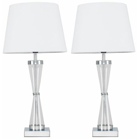 2 x Chrome Hourglass Table Lamps With Tapered Shades & 4W Candle LED Bulbs - Grey