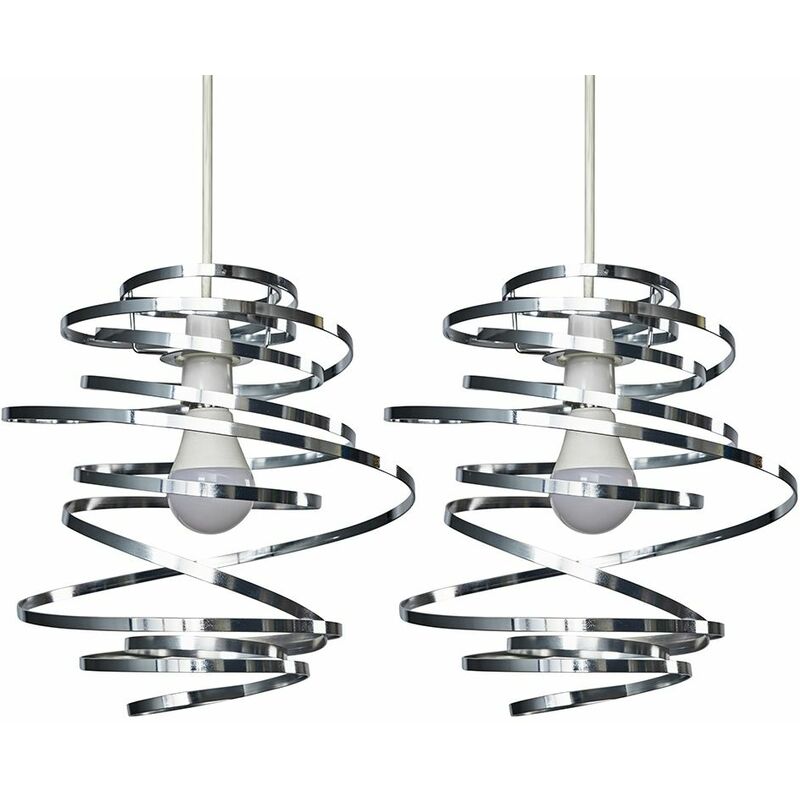 Minisun - 2 x Chrome Metal Double Ribbon Spiral Swirl Ceiling Light Shades - Add LED Bulbs
