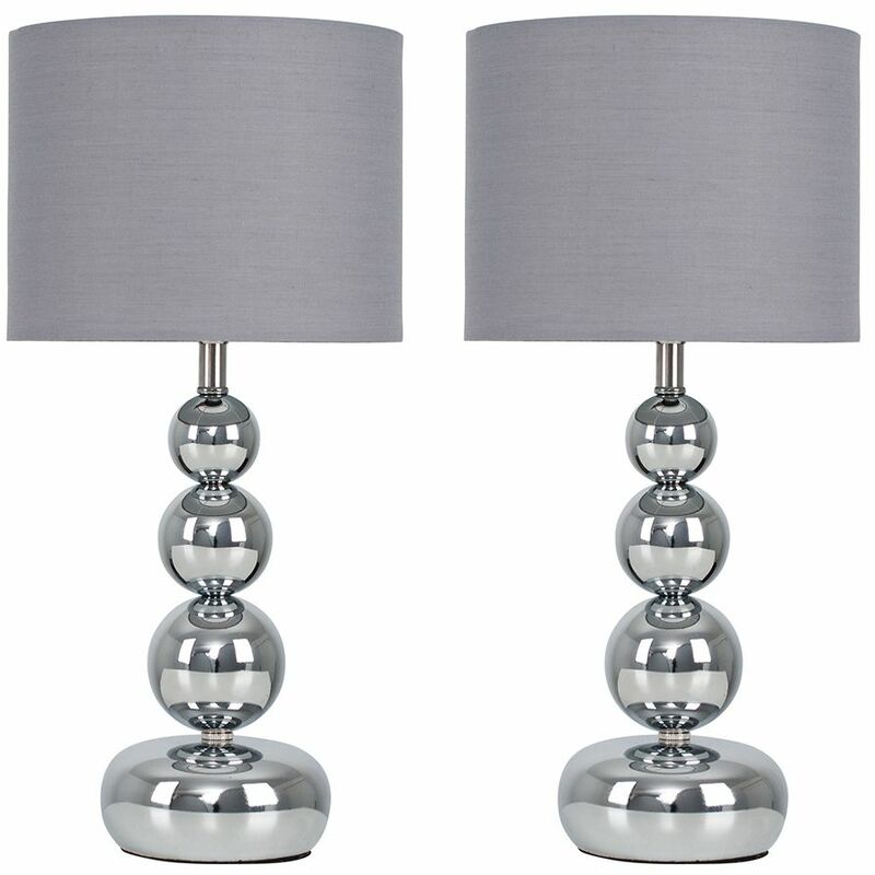 2 x Chrome Stacked Balls Touch Table Lamps + Grey Shade + 5W LED Dimmable Bulbs Warm White