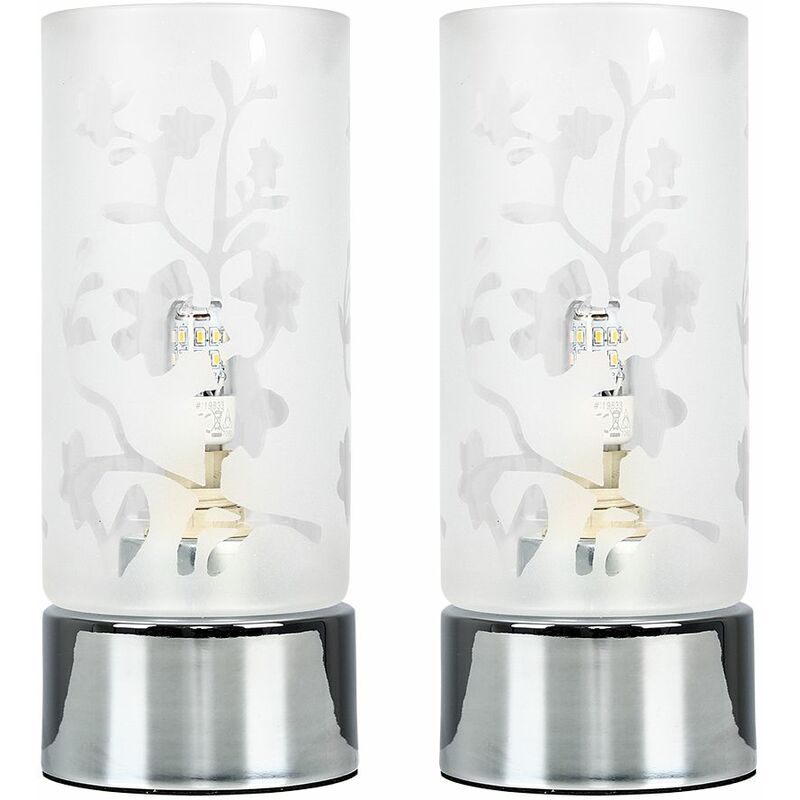 2 x Chrome Touch Dimmer Table Lamps Floral Glass Light Shade Dimmable