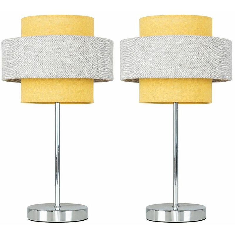 2 x Chrome Touch Table Lamps + Mustard & Grey Herringbone Shade - A8102