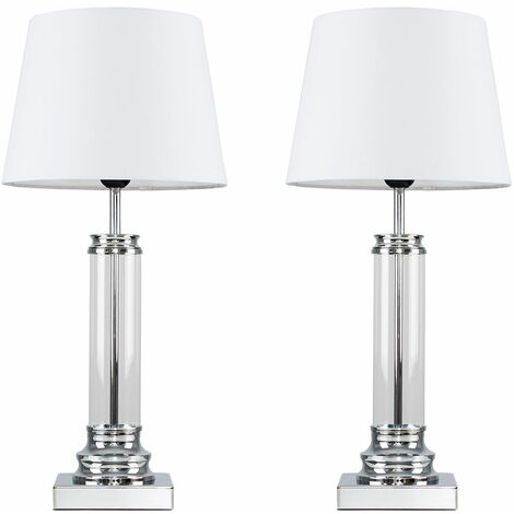 VALUELIGHTS 2 x Clear Glass Column Touch Table Lamps with White Shades - Add LED Bulbs