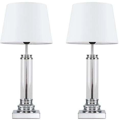 2 x Clear Glass Column Touch Table Lamps with White Shades - No Bulbs - Silver