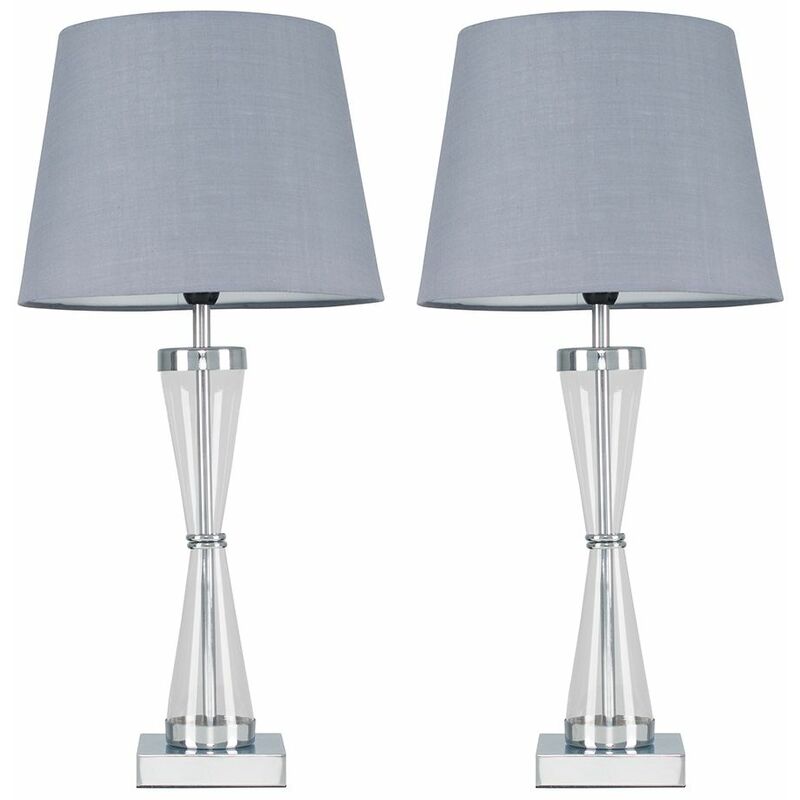 2 x Chrome Hourglass Table Lamps with a Tapered Shades - Grey - No Bulb