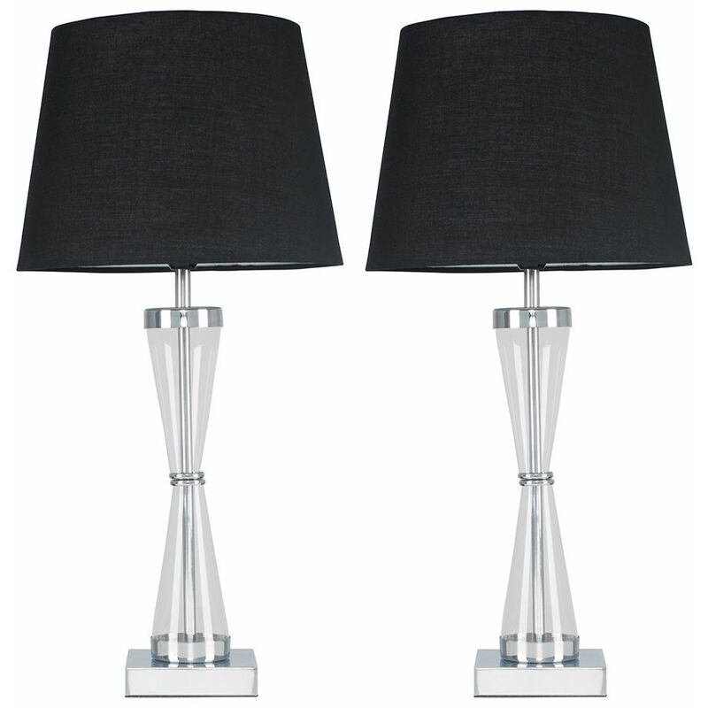 2 x Chrome Hourglass Table Lamps with a Tapered Shades - Black - Including LED Bulb