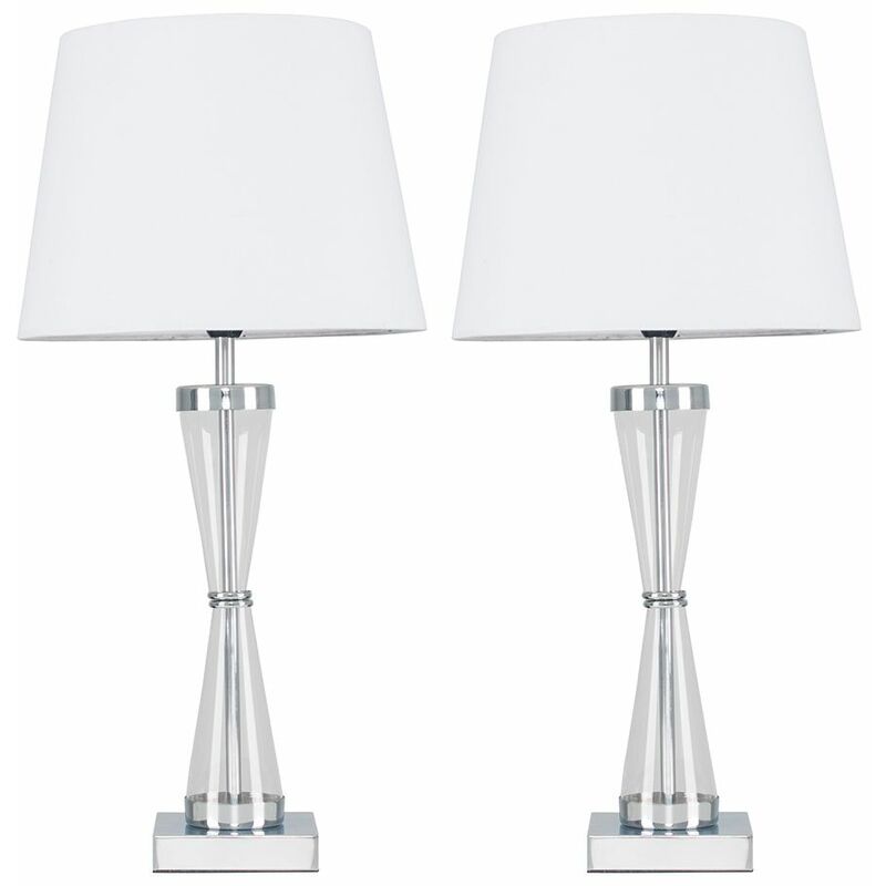 2 x Chrome Hourglass Table Lamps with a Tapered Shades - White - No Bulb