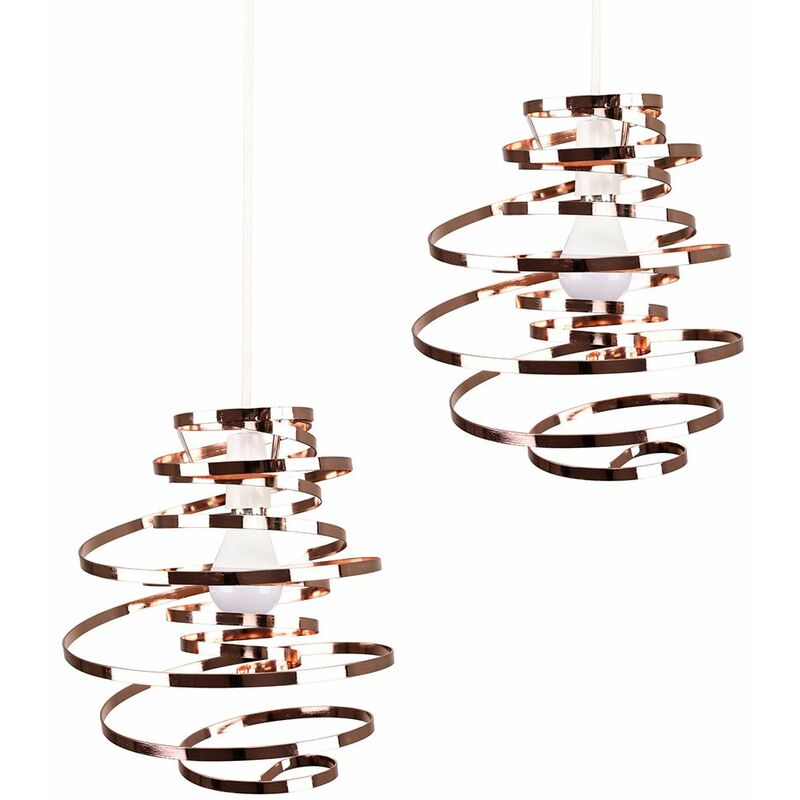 Minisun - 2 x Copper Metal Double Ribbon Spiral Swirl Ceiling Light Shades + 10W LED GLS Bulbs Warm White
