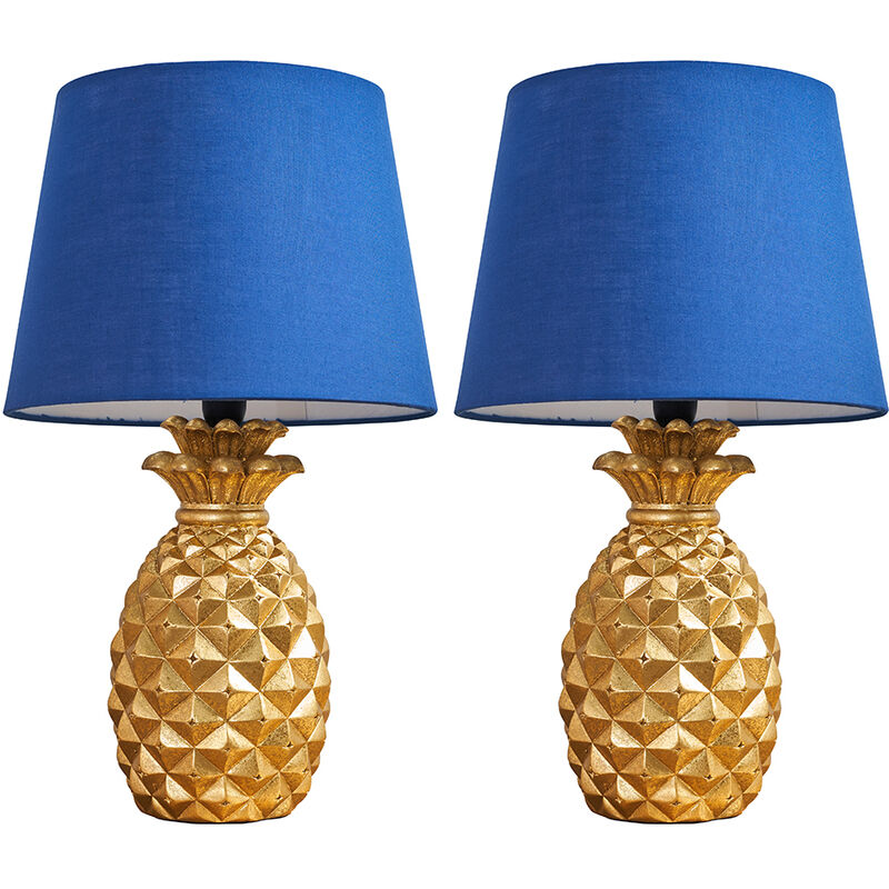 2 x Pineapple Table Lamps in Gold With Tapered Shades & 4W Globe LED Bulbs - Navy Blue