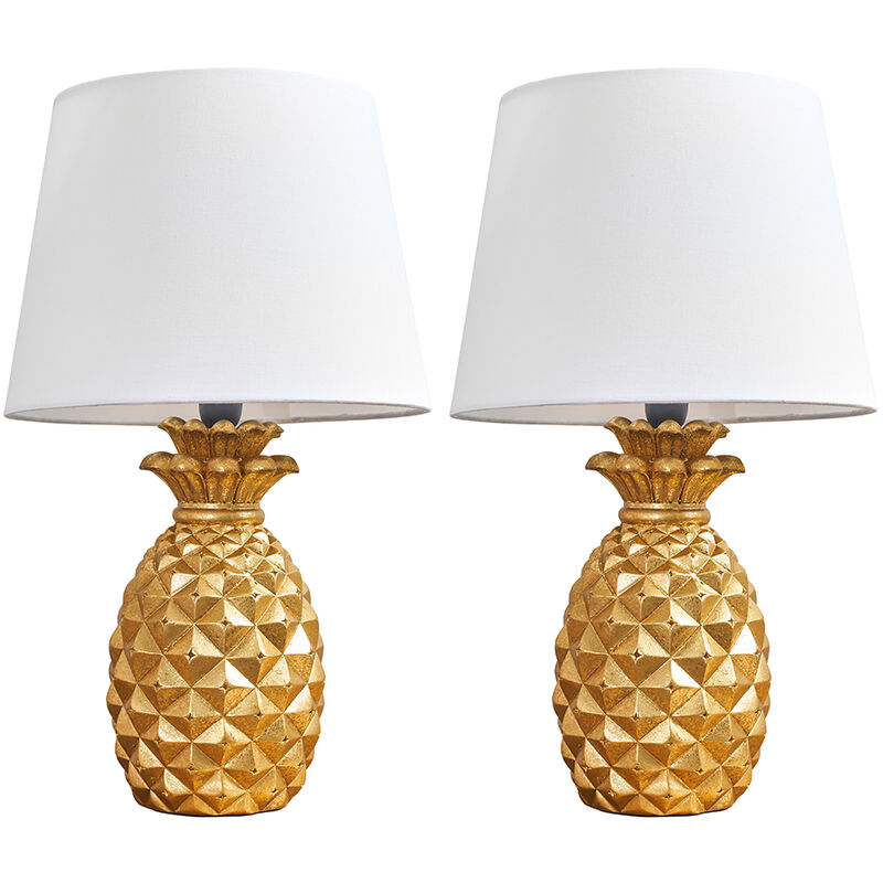 Minisun - 2 x Pineapple Table Lamps in Gold With Tapered Shades & 4W Globe LED Bulbs - White