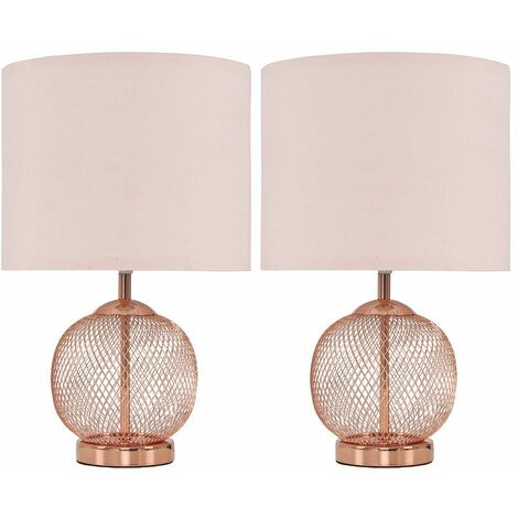 main image of "2 x Copper Mesh Ball Touch Table Lamps With Pink Light Shades"