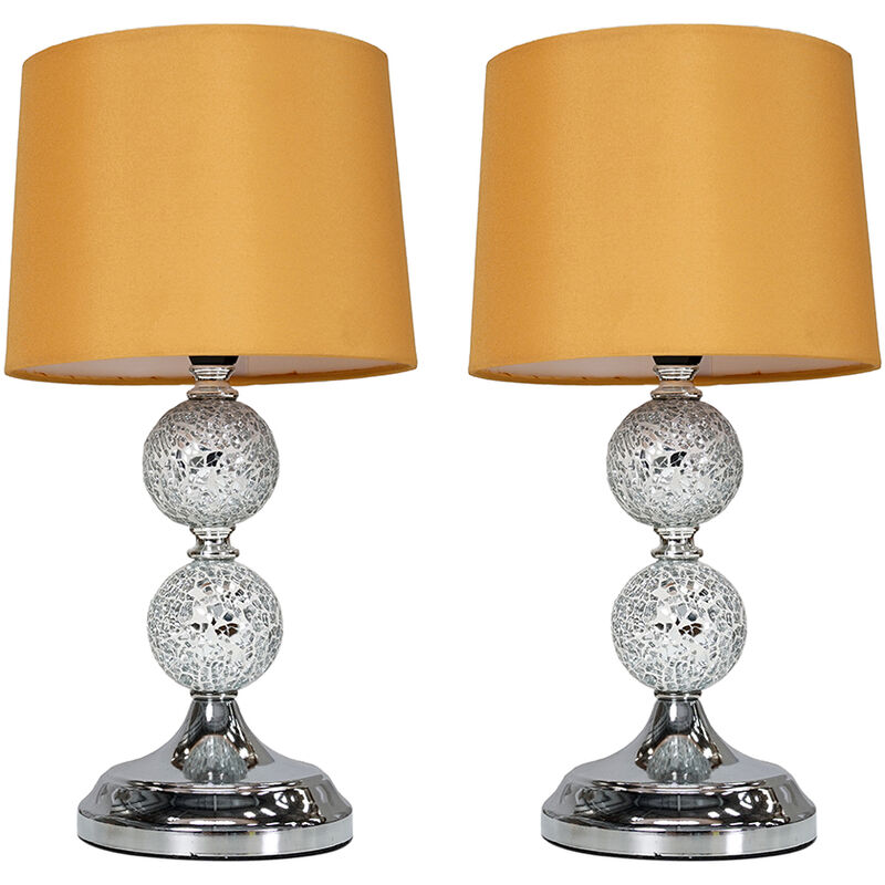 2 x Decorative Chrome & Mosaic Crackle Glass Table Lamps - Mustard