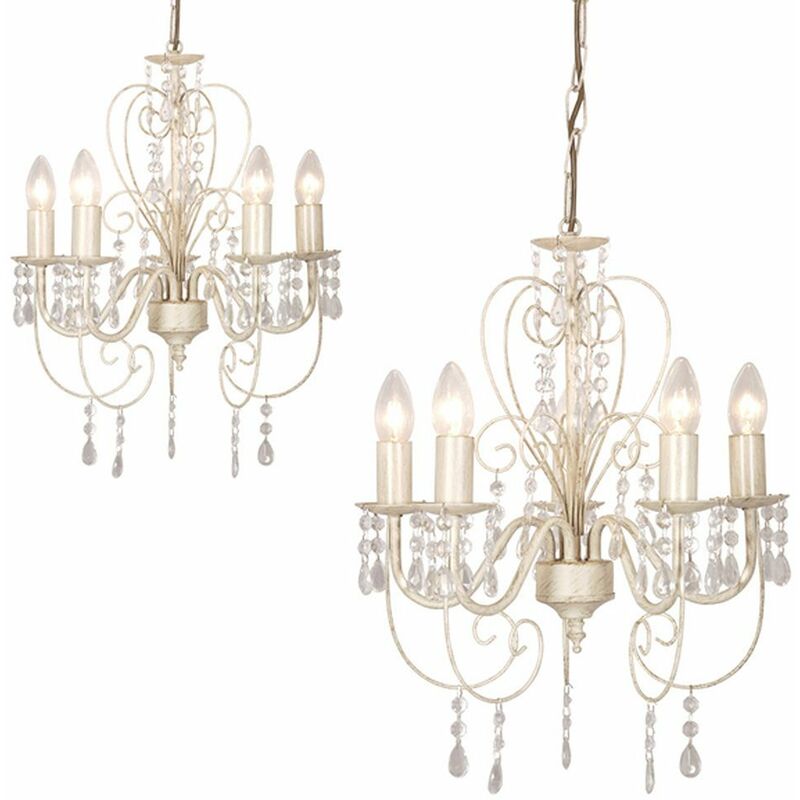 Minisun - 2 x Distressed White Shabby Chic 5 Way Chandeliers