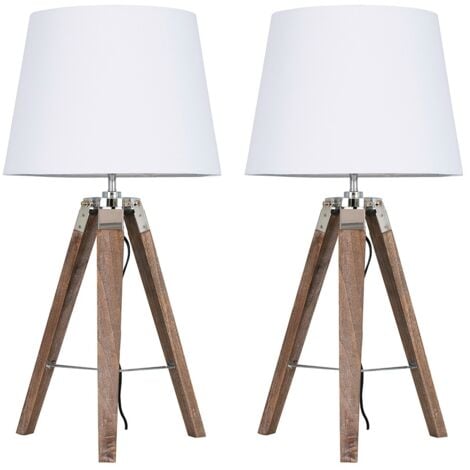 2 x Distressed Wood & Chrome Tripod Table Lamps With White Light Shades - Brown