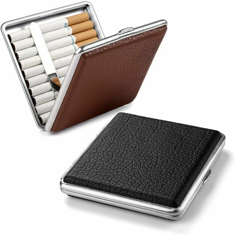 Lablanc - 2 x Étui à Cigarettes Noir en métal/Cuir pu de Haute qualité, élégant étui à Cigarettes Brun retenu grâce à l'application Brune en étui à