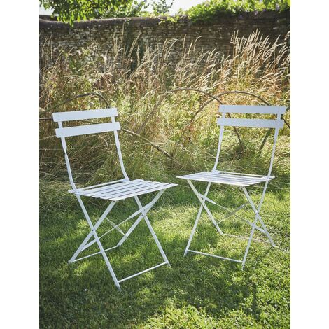 2 x Garden Trading Outdoor Indoor Bistro Chairs Seat Chalk White Steel Patio