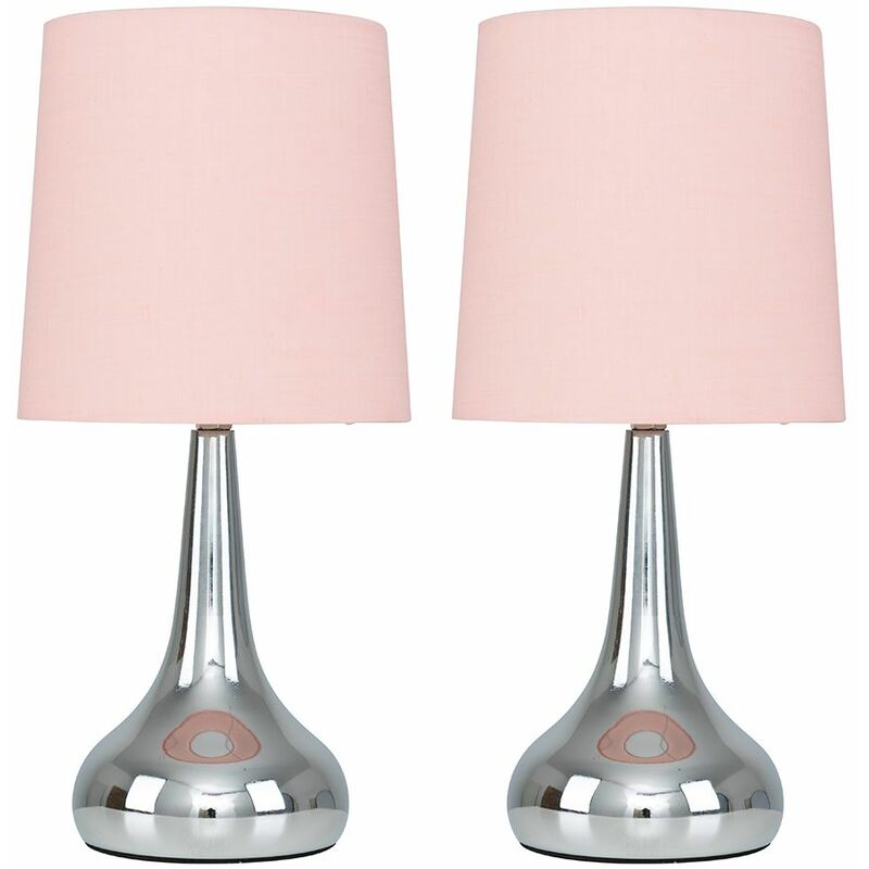 2 x Teardrop Touch Table Lamps with Cotton Shades + LED Dimmable Candle Bulbs - Pink