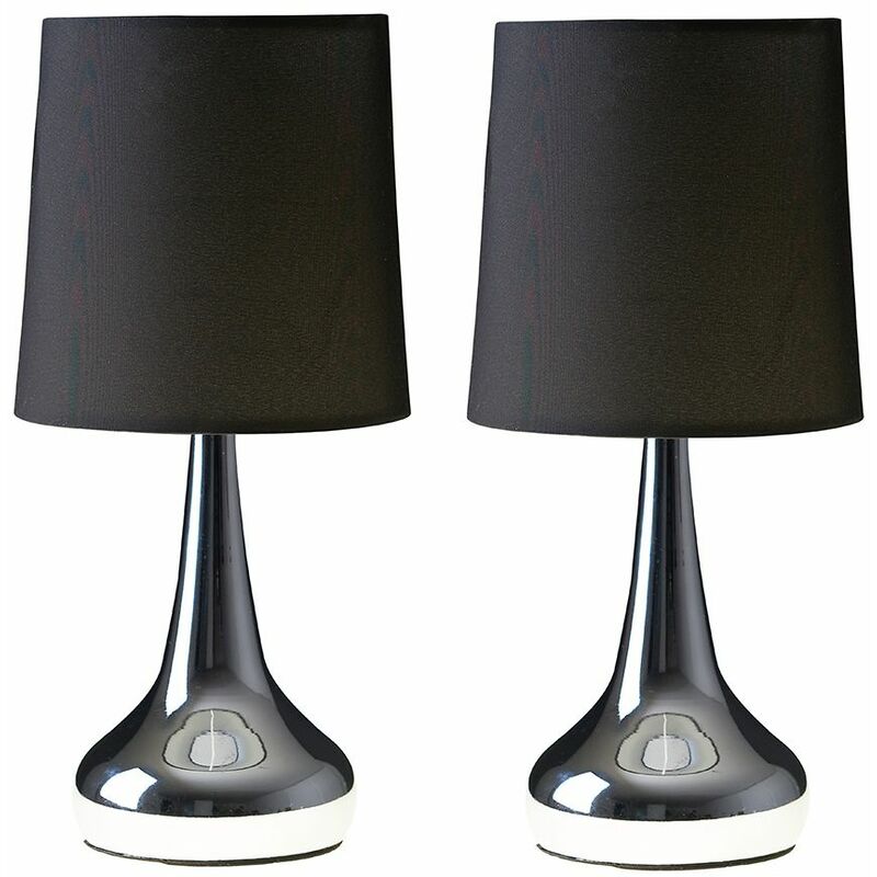 2 x Teardrop Touch Table Lamps with Cotton Shades + LED Dimmable Candle Bulbs - Black
