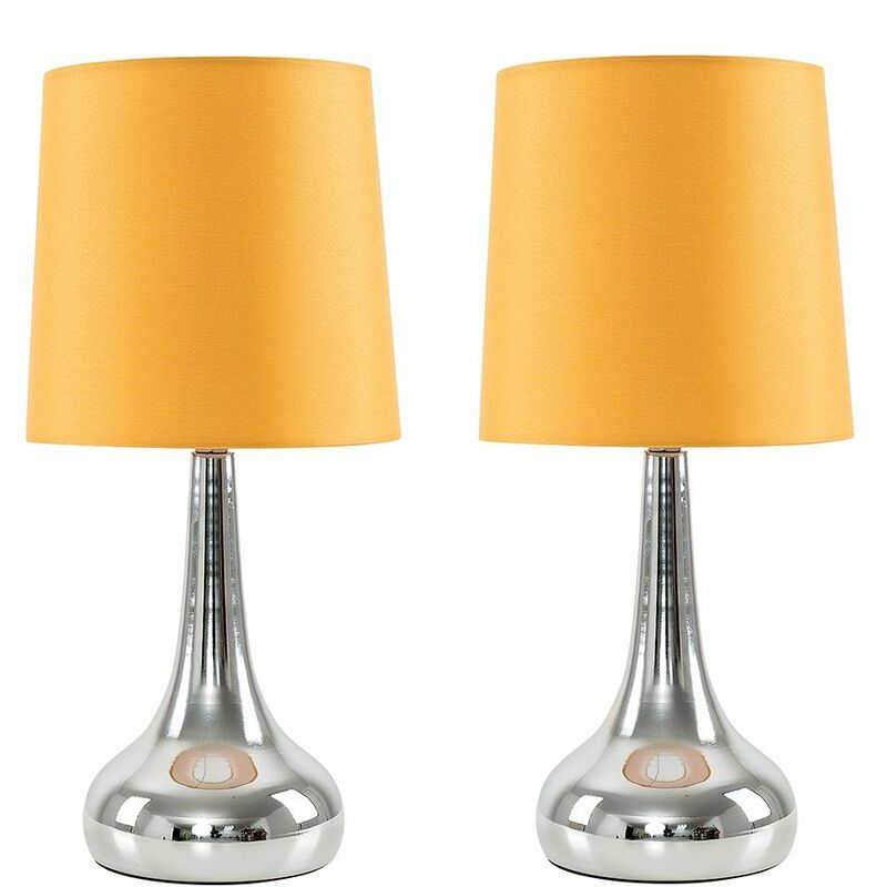 2 x Teardrop Touch Table Lamps with Cotton Shades + LED Dimmable Candle Bulbs - Mustard