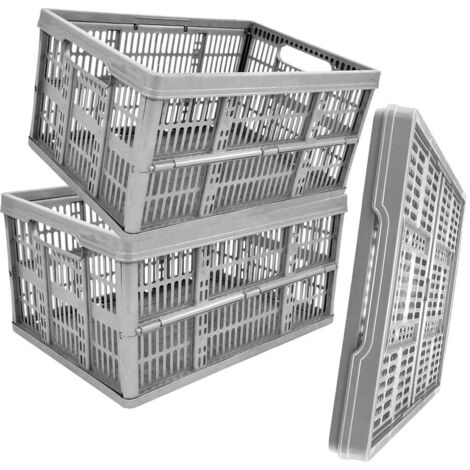 2 x Grey 32L Plastic Folding Veg Crate Boxes With Handles Collapsible, Foldable & Stackable