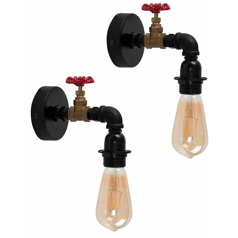 Minisun - 2 x Industrial Antique Brass Satin Black & Red Tap Wall Lights - No Bulb