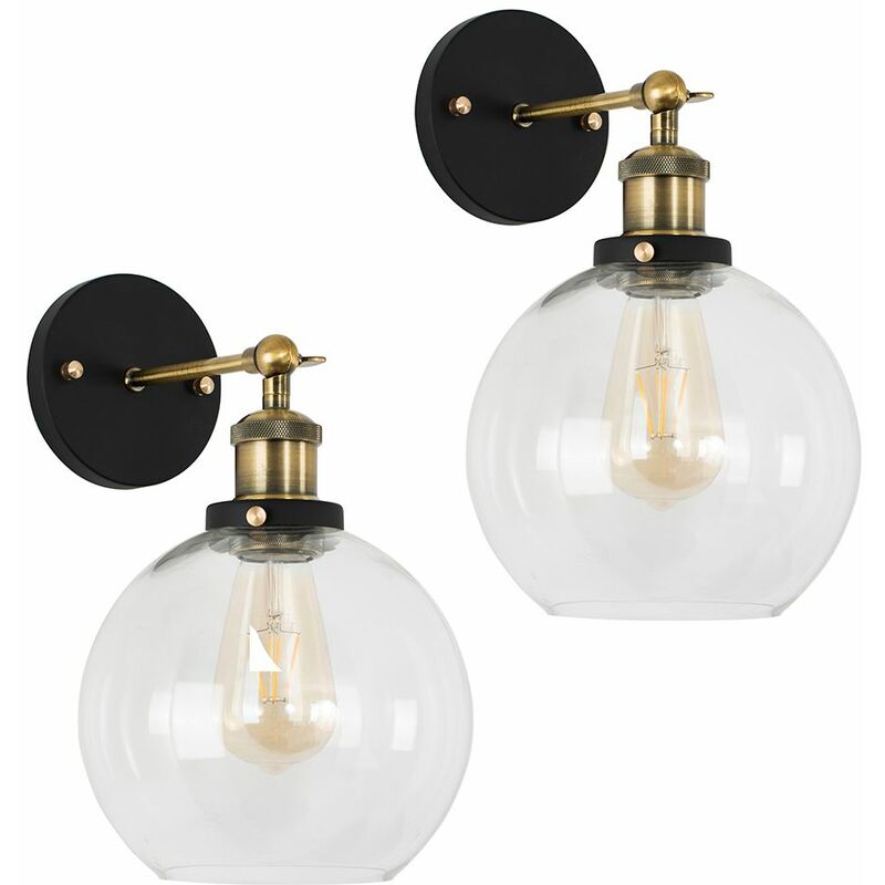 Minisun - 2 x Industrial Black & Gold Wall Light Fittings with Clear Glass Globe Shade - Add LED Bulbs
