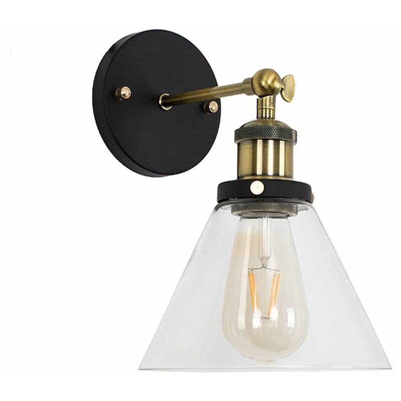 Minisun - 2 x Industrial Black & Gold Wall Lights With Clear Glass Conical Shades - Including LED Bulb